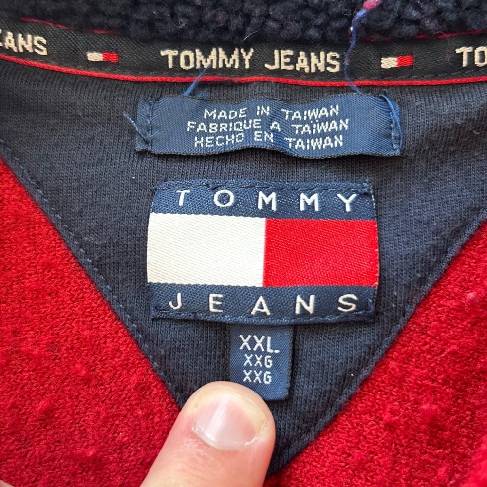 Tommy Jeans Mens XXL Red Quarter Zip Sherpa Fleece Pullover Elbow Patches 0677 - Picture 3 of 9